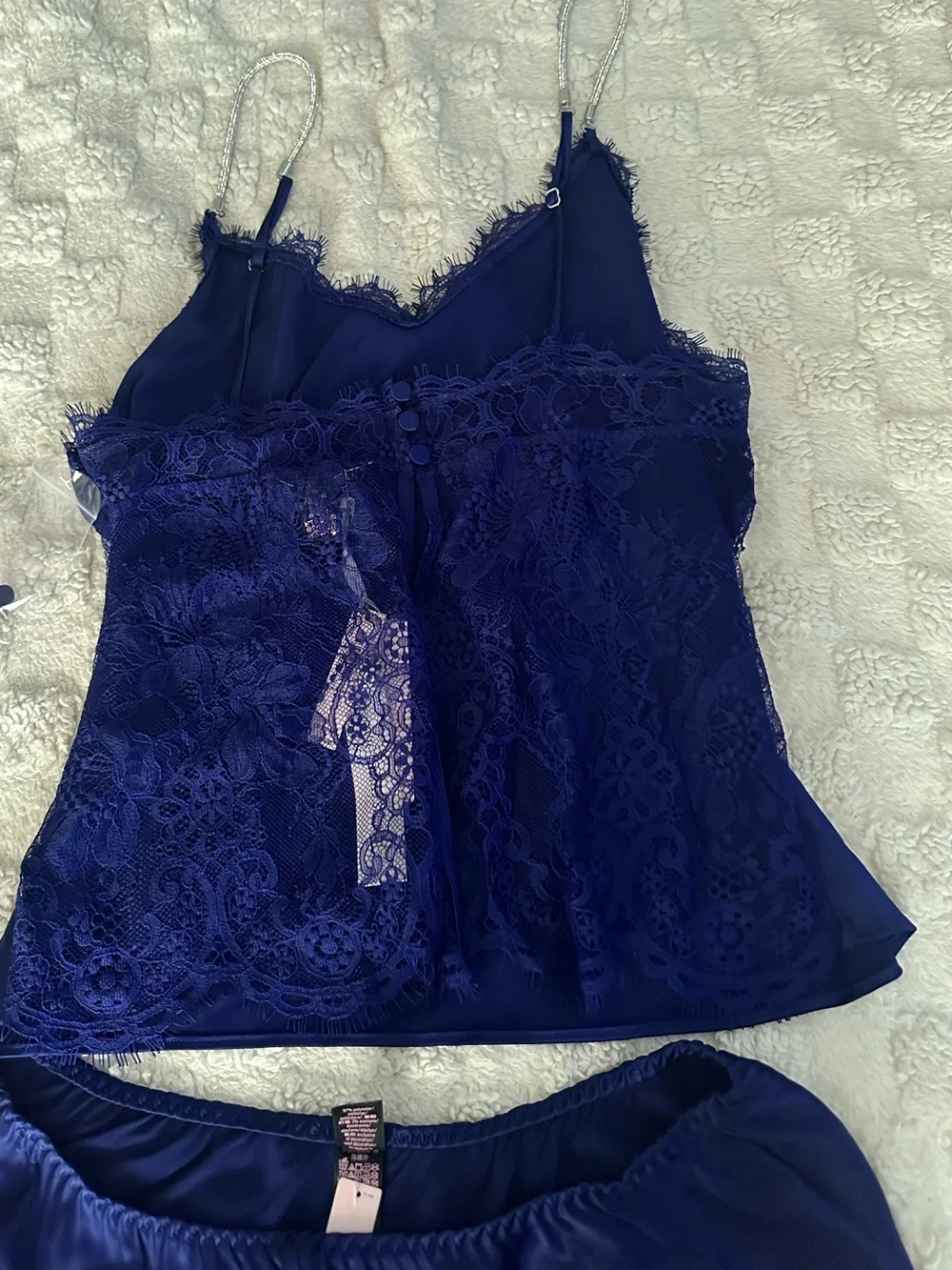 Victoria's Secret Royal Blue Satin Lace-Trim Cami & Short Set